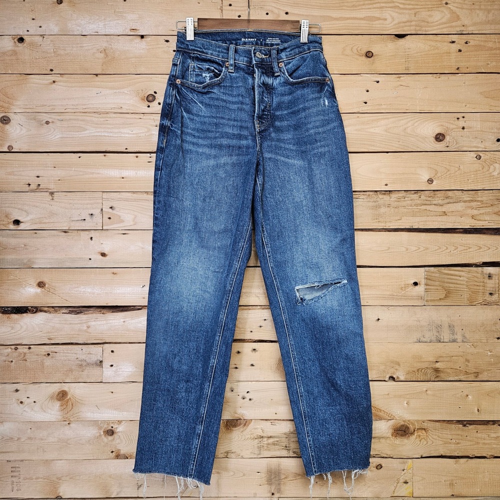 Old Navy Sky-Hi Straight Extra High-Rise Distressed Button Fly Jeans Blue Size 2